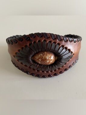 Handcrafted Artisan Leather Cuff with Cowrie Shell Inlay
